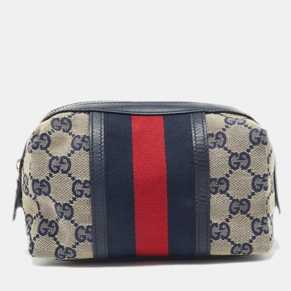 Gucci Handbags - Gucci Beige/Blue GG Canvas and Leather Web Cosmetic Pouch